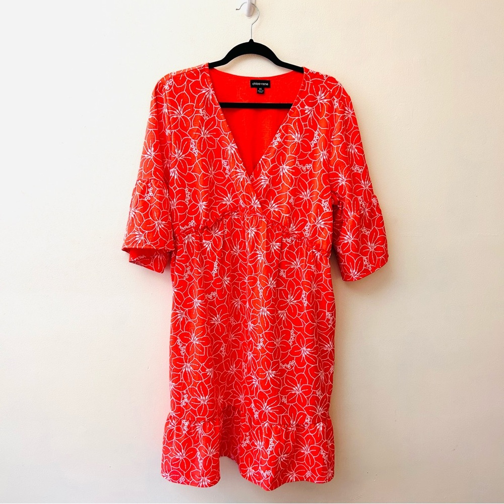 Chloe + Rene Orange V neck floral empire waist dress size XL